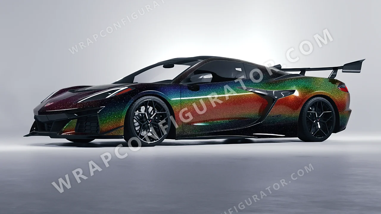 Black Chevrolet Corvette ZR1 2025 wrapped in KPMF Morpheus Black Starlight K75470