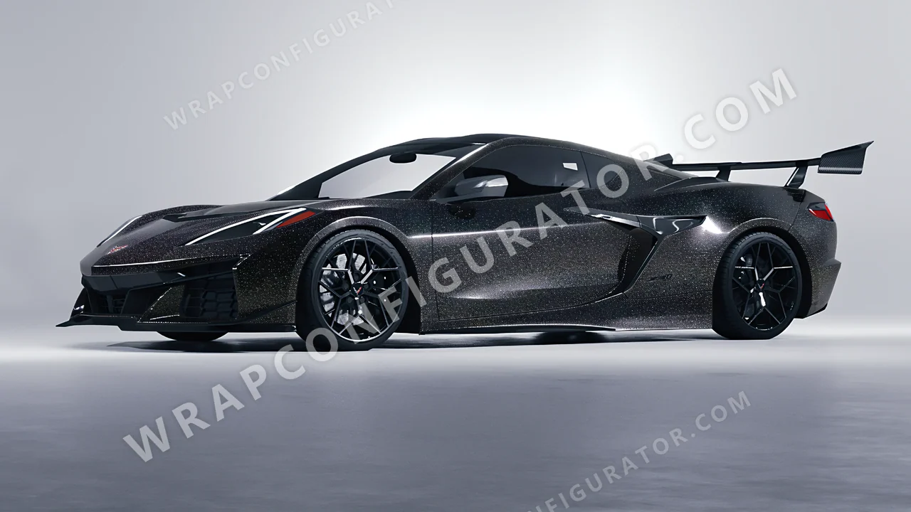 Black Chevrolet Corvette ZR1 2025 wrapped in ORACAL Gloss Black Galactic Gold 970RA-905G