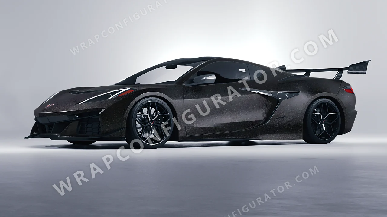 Black Chevrolet Corvette ZR1 2025 wrapped in ORACAL Matt Black Galactic Gold 970RA-905M
