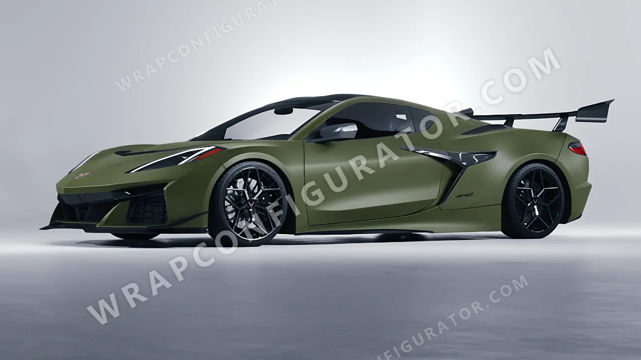 Green Chevrolet Corvette ZR1 2025 wrapped in 3M Matte Military Green M26