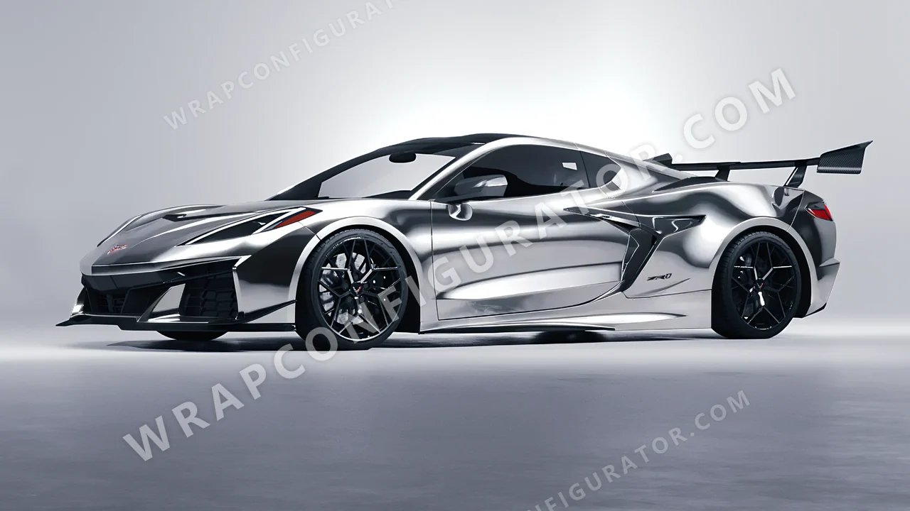 Grey Chevrolet Corvette ZR1 2025 wrapped in 3M Gloss Silver Chrome GC451