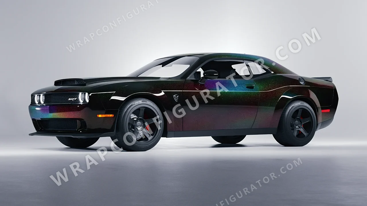 Black Dodge Challenger SRT 2023 wrapped in 3M Black Psychedelic HGP221
