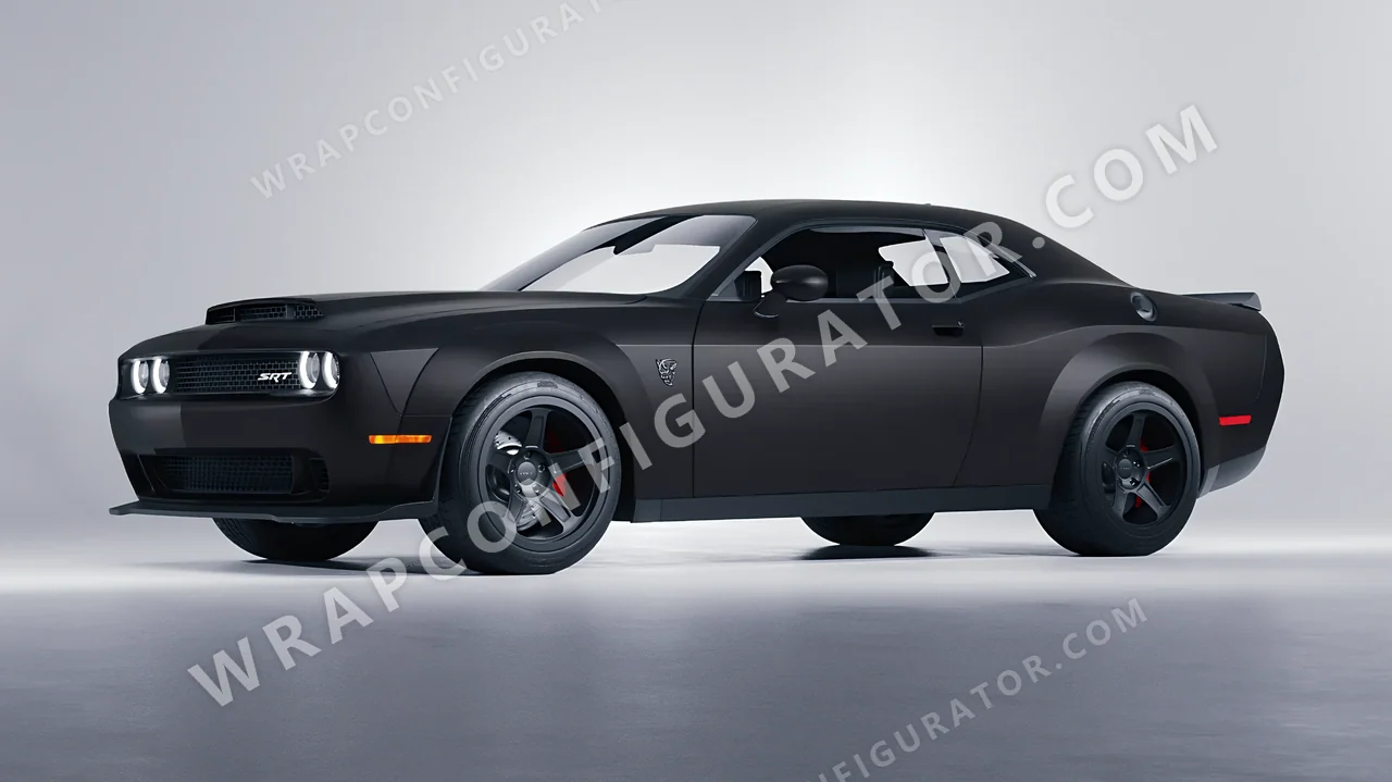 Black Dodge Challenger SRT 2023 wrapped in 3M Matte Black M12