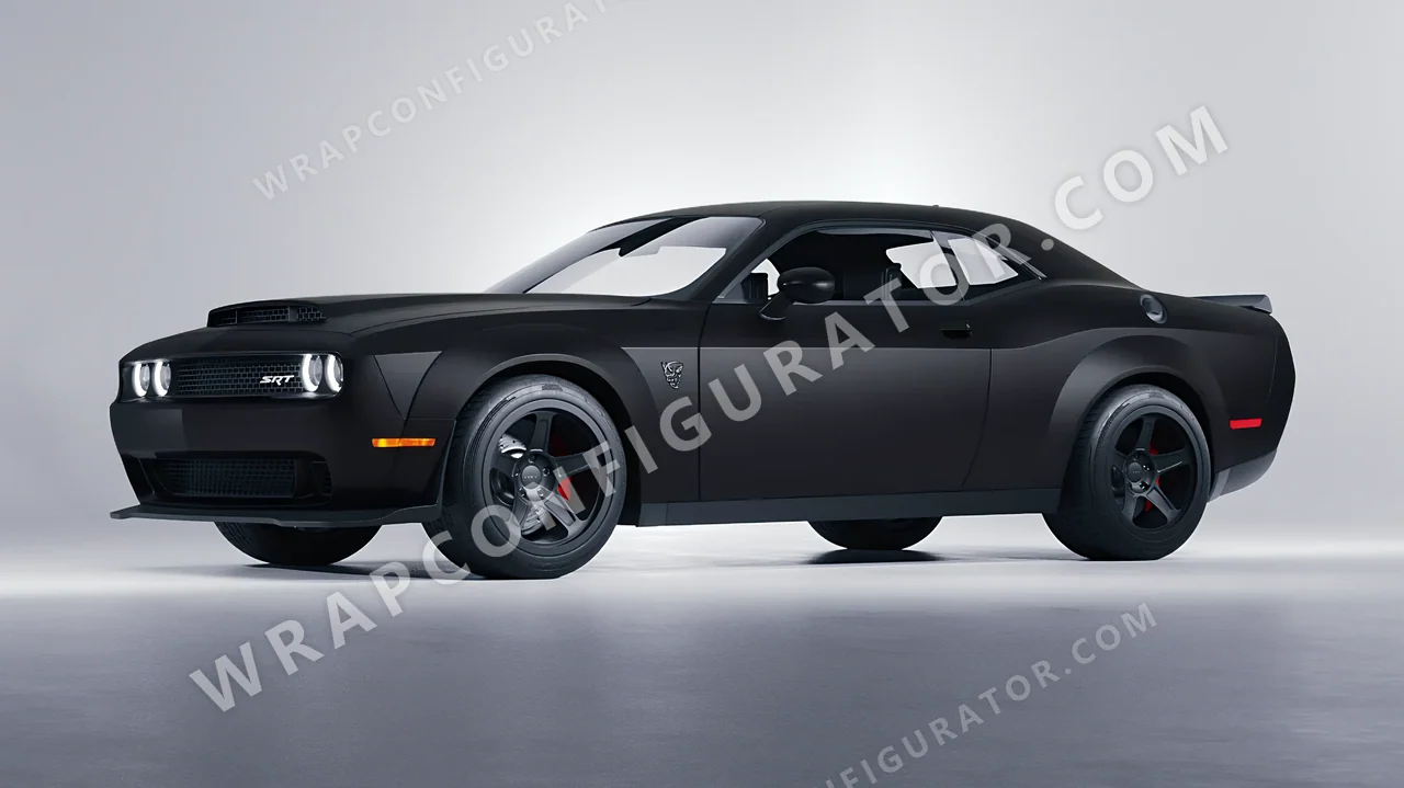 Black Dodge Challenger SRT 2023 wrapped in 3M Matte Deep Black M22