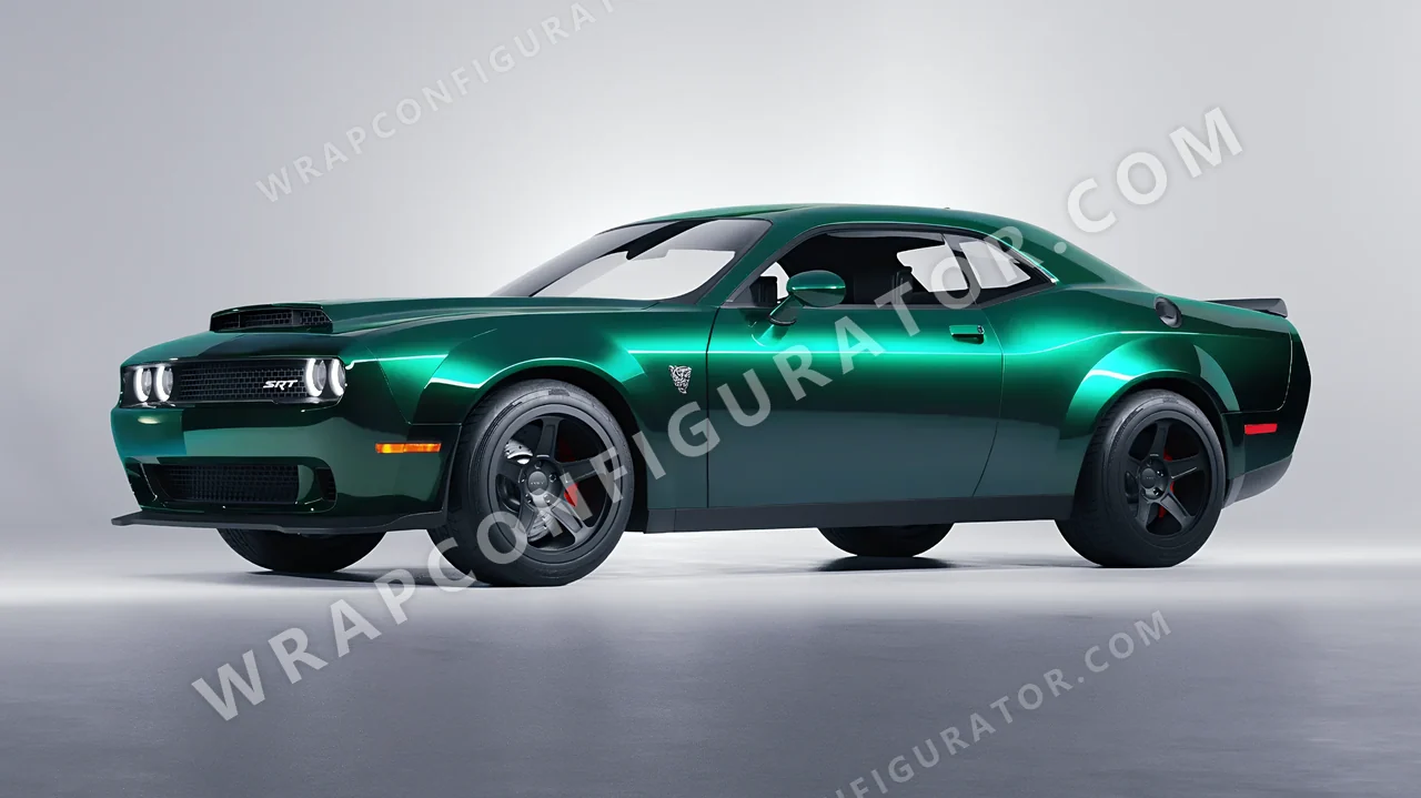Black Dodge Challenger SRT 2023 wrapped in KPMF Green Black Iridescent K75460