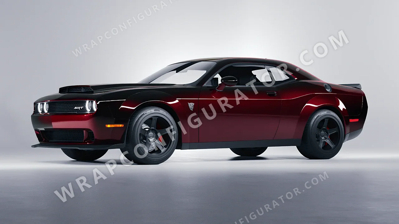 Black Dodge Challenger SRT 2023 wrapped in KPMF Midnight Crimson Bloom K75447