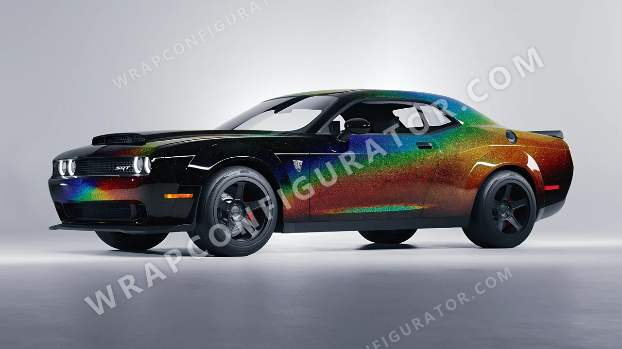 Black Dodge Challenger SRT 2023 wrapped in KPMF Morpheus Black Starlight K75470