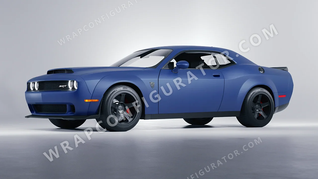 Blue Dodge Challenger SRT 2023 wrapped in 3M Matte Slate Blue Metallic M217