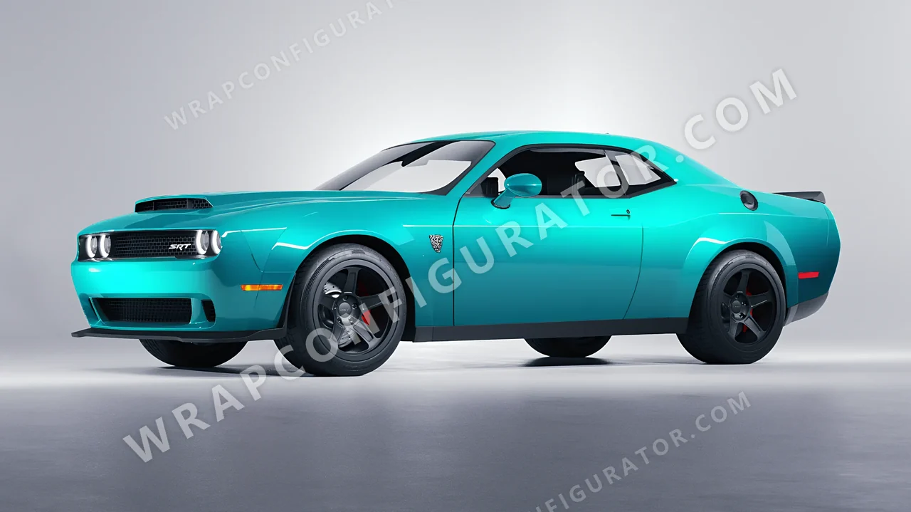 Blue Dodge Challenger SRT 2023 wrapped in ORACAL Turbo Turquoise 970RA-172G