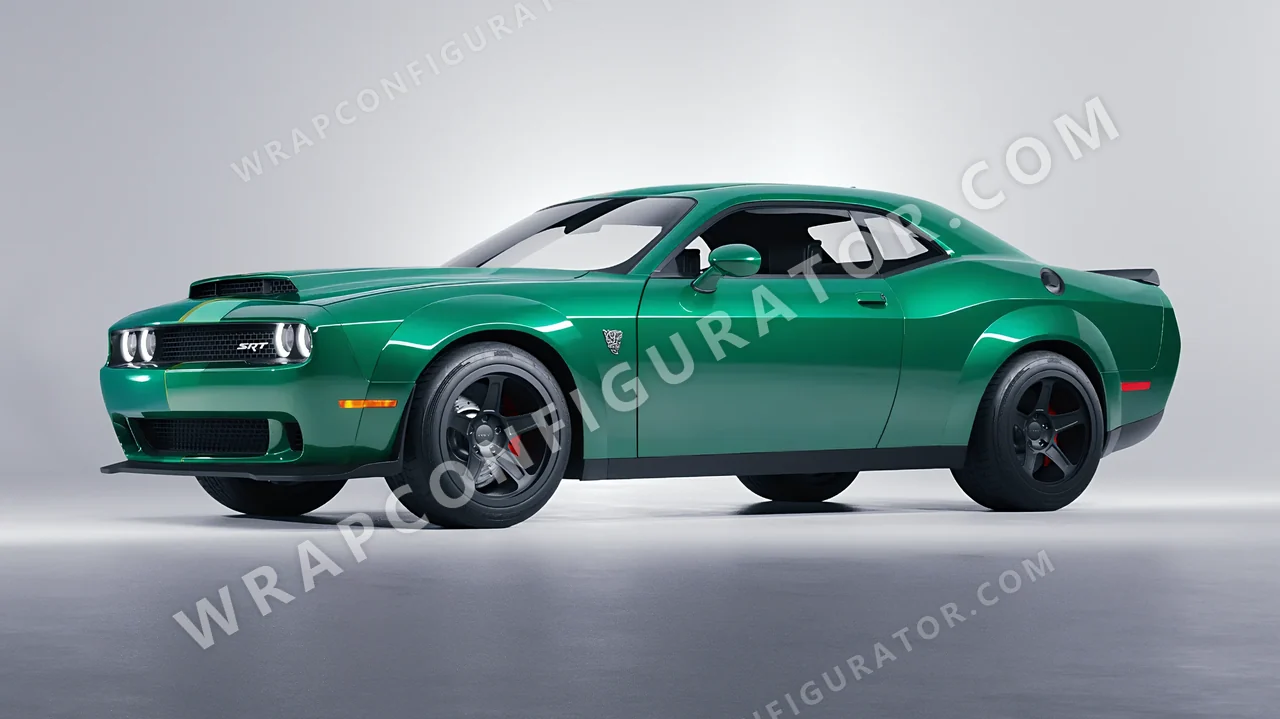 Green Dodge Challenger SRT 2023 wrapped in 3M Gloss Green Envy G336