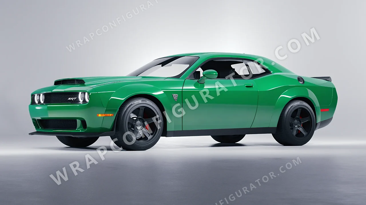 Green Dodge Challenger SRT 2023 wrapped in 3M Gloss Kelly Green G46