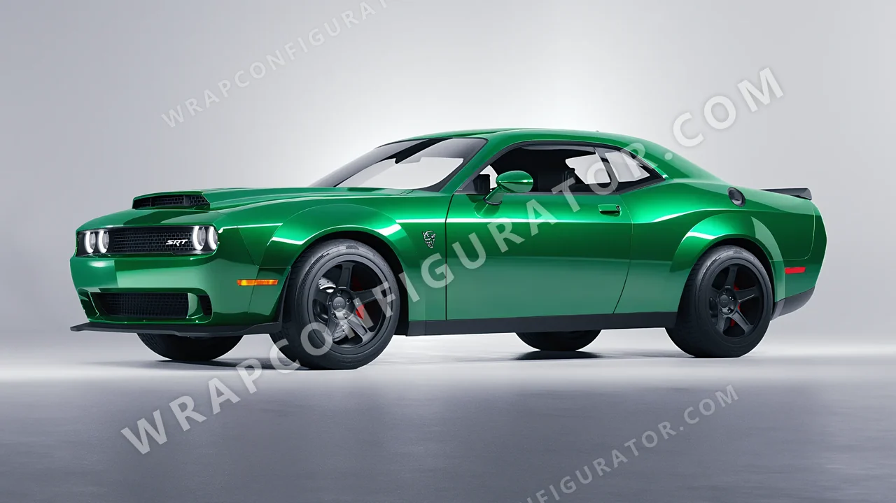 Green Dodge Challenger SRT 2023 wrapped in 3M Green Envy HG336