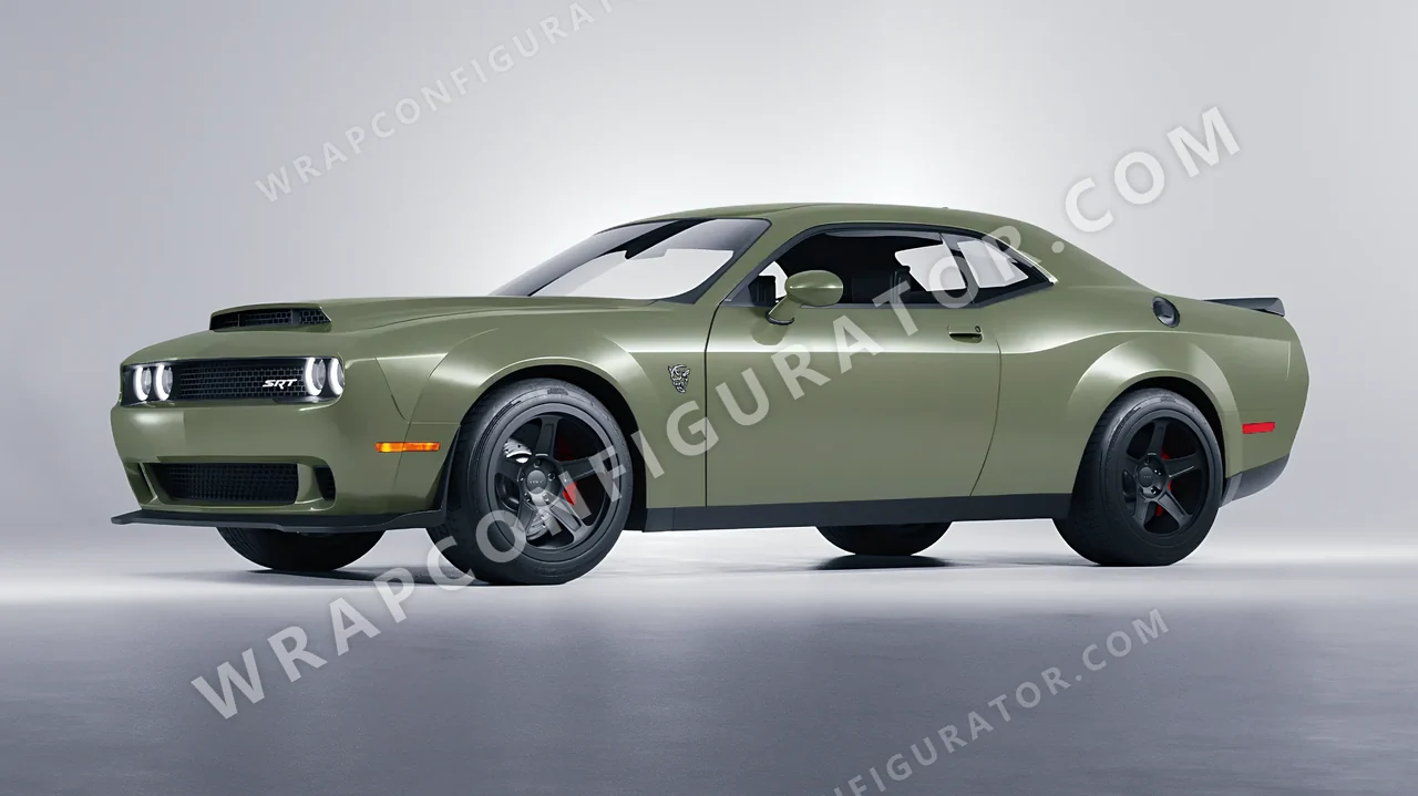 Green Dodge Challenger SRT 2023 wrapped in 3M Komodo Green S56