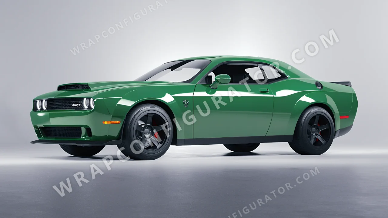 Green Dodge Challenger SRT 2023 wrapped in 3M Mantis Green HG36