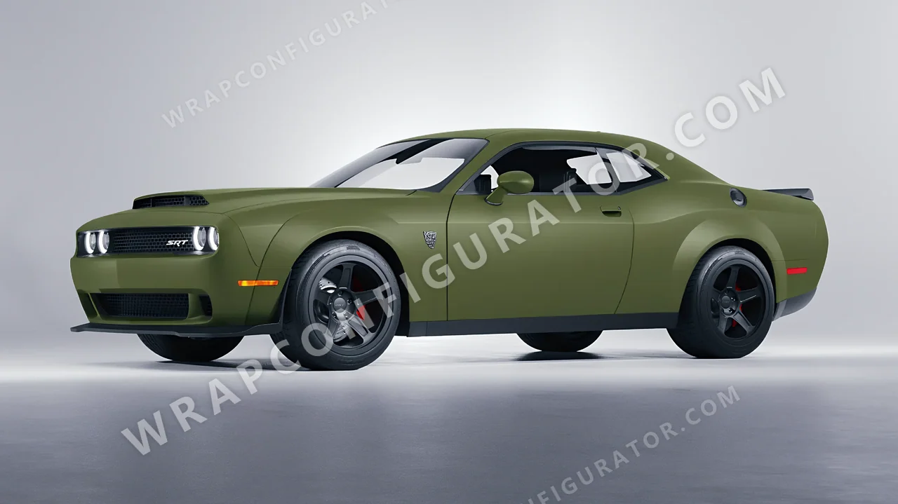 Green Dodge Challenger SRT 2023 wrapped in 3M Matte Military Green M26
