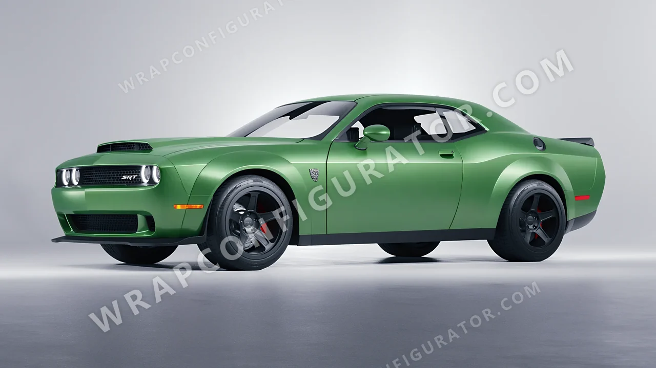 Green Dodge Challenger SRT 2023 wrapped in 3M Satin Apple Green S196