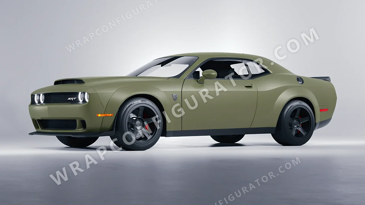Green Dodge Challenger SRT 2023 wrapped in Avery Dennison Khaki Green SW900-711-O