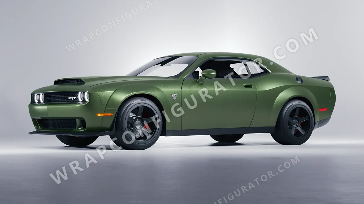 Green Dodge Challenger SRT 2023 wrapped in Avery Dennison Moss Green SW900-737-M