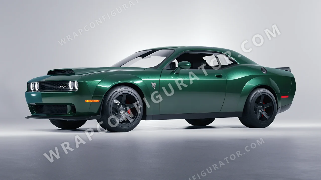 Green Dodge Challenger SRT 2023 wrapped in Avery Dennison Pearl Dark Green SW900-796-S