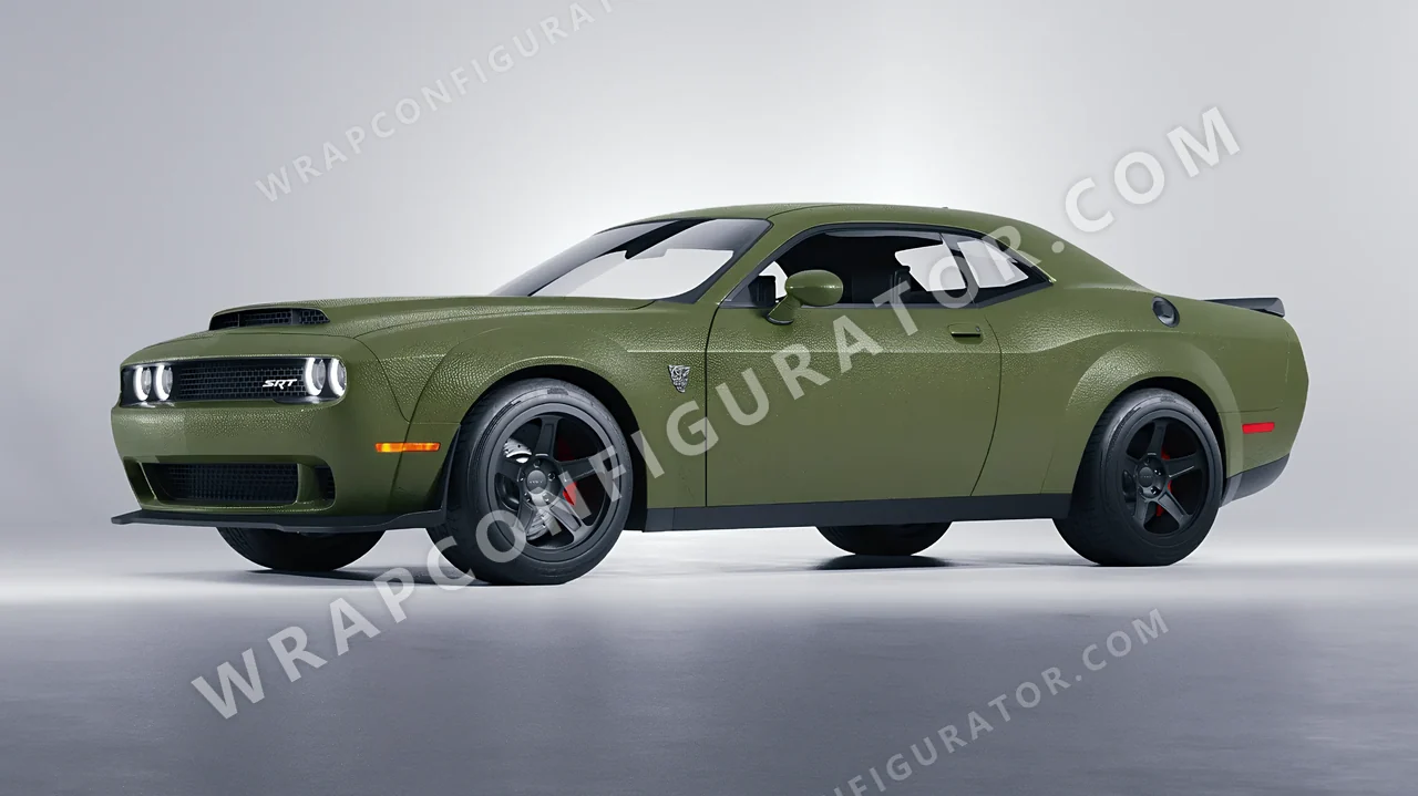 Green Dodge Challenger SRT 2023 wrapped in Avery Dennison Rugged Combat Green SW900-718-X