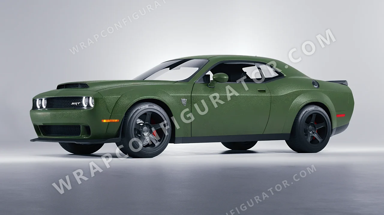 Green Dodge Challenger SRT 2023 wrapped in Avery Dennison Rugged Marsh Green SW900-738-X