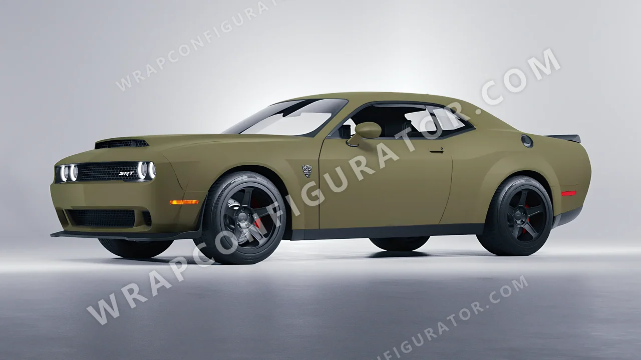 Green Dodge Challenger SRT 2023 wrapped in Colourshield PPF by HyperPro Khaki Green SMF05-P