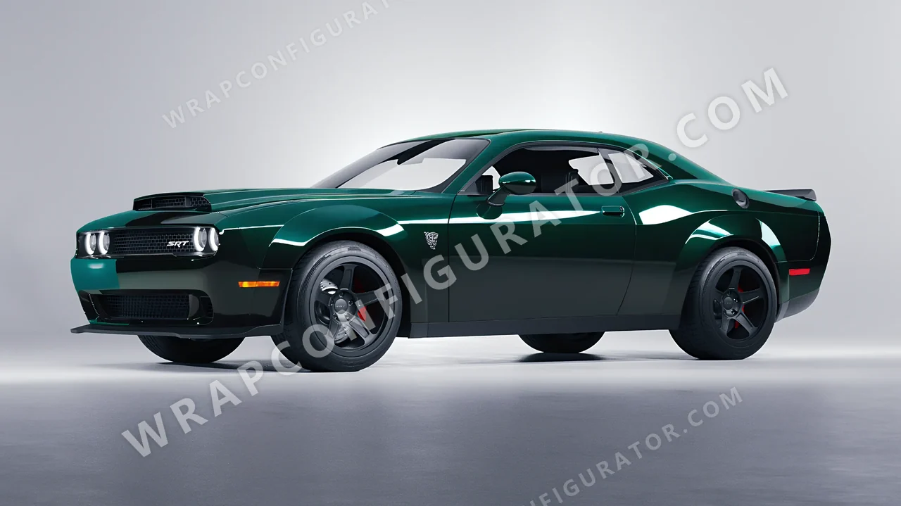 Green Dodge Challenger SRT 2023 wrapped in Colourshield PPF by HyperPro Retro Deep Green HGF31-P
