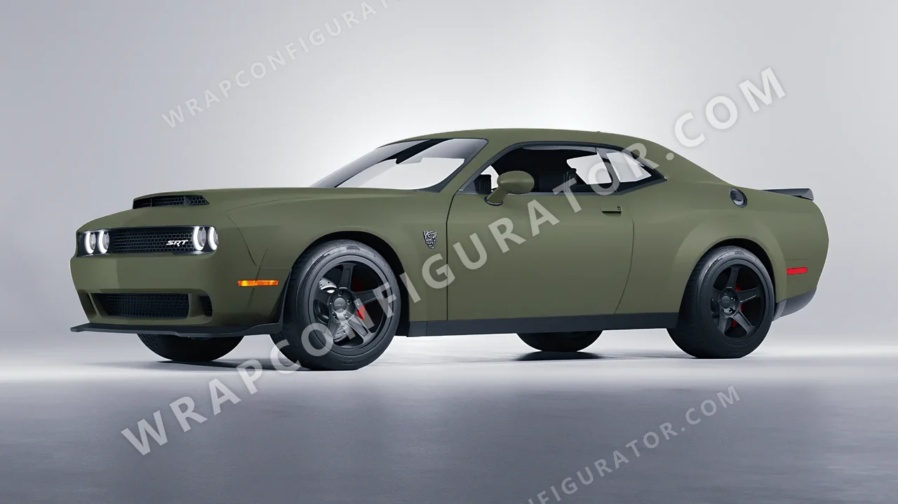 Green Dodge Challenger SRT 2023 wrapped in Inozetek Dynamic PPF Army Green DPPF810
