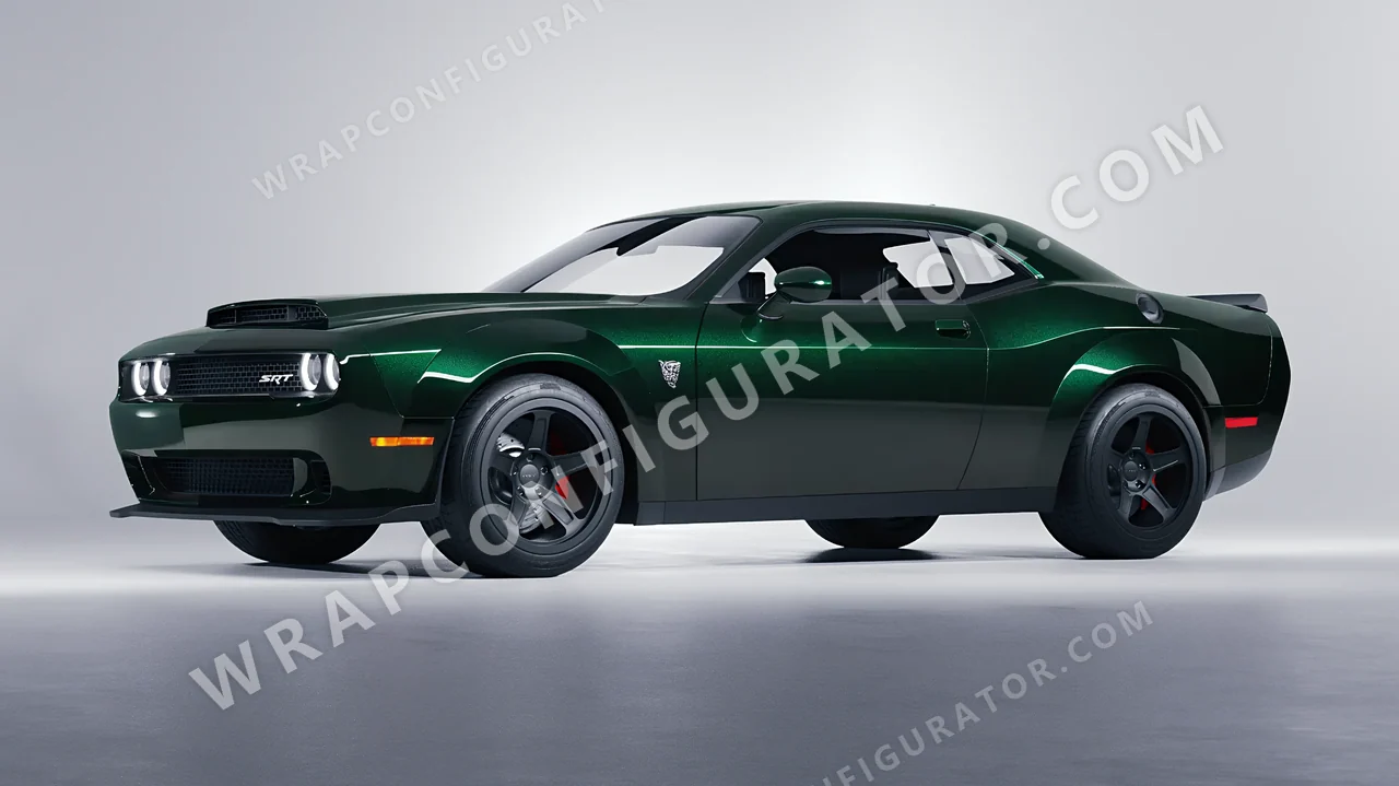 Green Dodge Challenger SRT 2023 wrapped in Inozetek Dynamic PPF Dark Emerald DPPF930