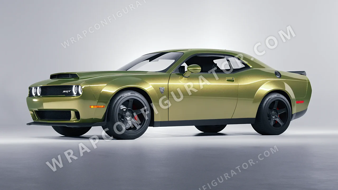 Green Dodge Challenger SRT 2023 wrapped in Inozetek Dynamic PPF Golden Green DPPF929