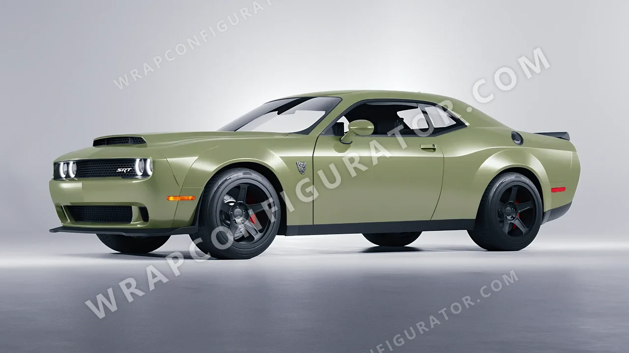 Green Dodge Challenger SRT 2023 wrapped in Inozetek Dynamic PPF Khaki Green DPPF812