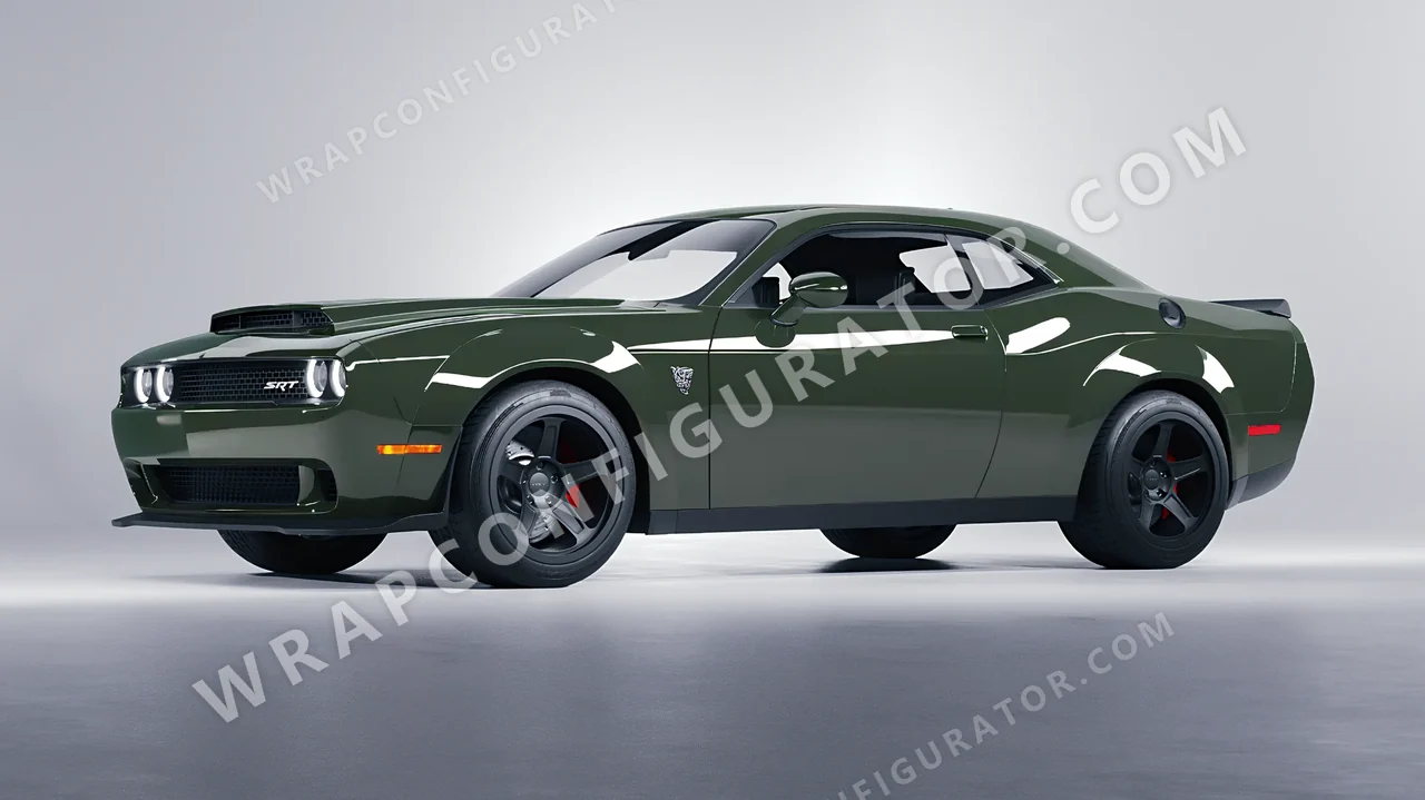 Green Dodge Challenger SRT 2023 wrapped in Inozetek Dynamic PPF Student Driver Olive SD103