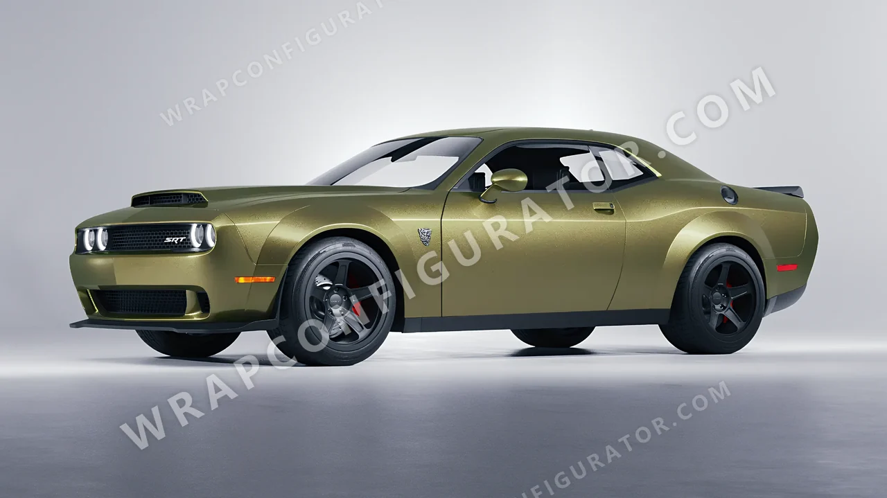 Green Dodge Challenger SRT 2023 wrapped in Inozetek Dynamic PPF Titanium Green DPPF817