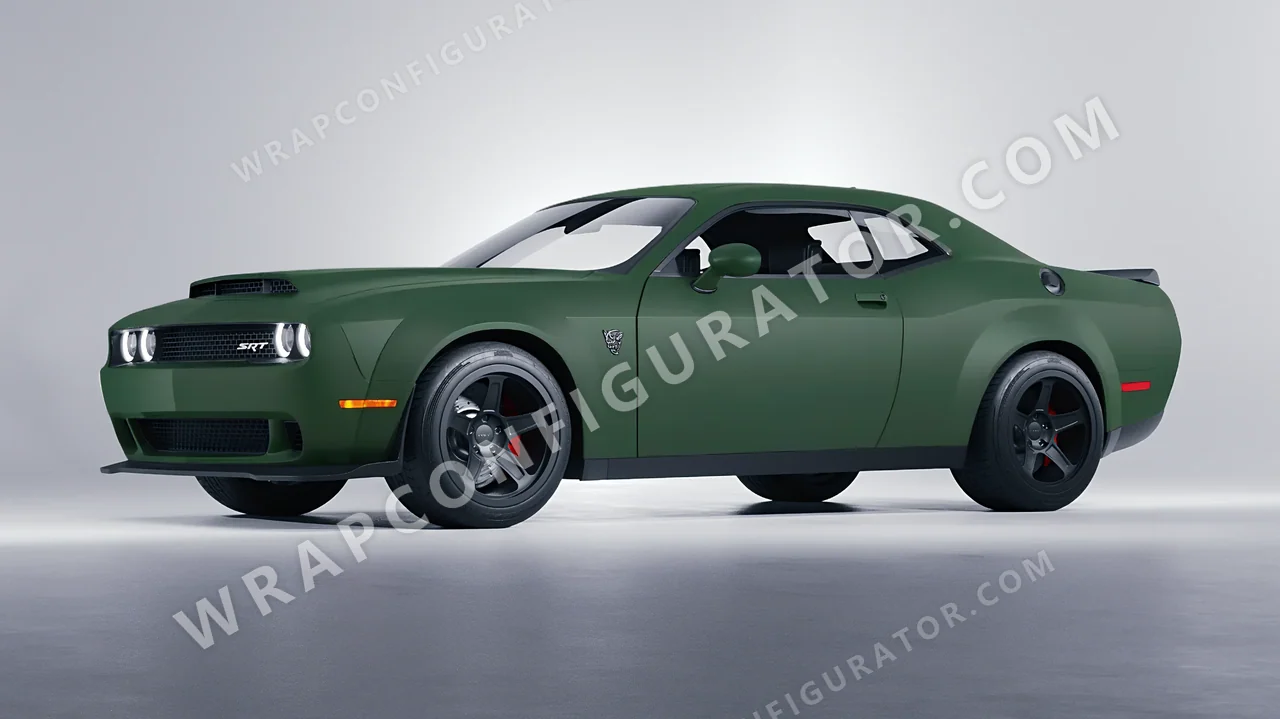 Green Dodge Challenger SRT 2023 wrapped in KPMF Absolute Matt Forest Green K75806