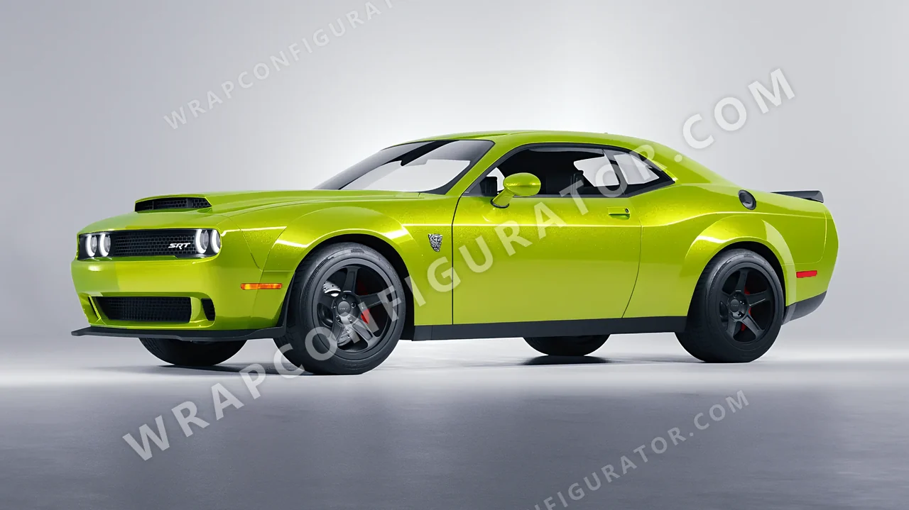 Green Dodge Challenger SRT 2023 wrapped in KPMF Dynamic Lime K75454
