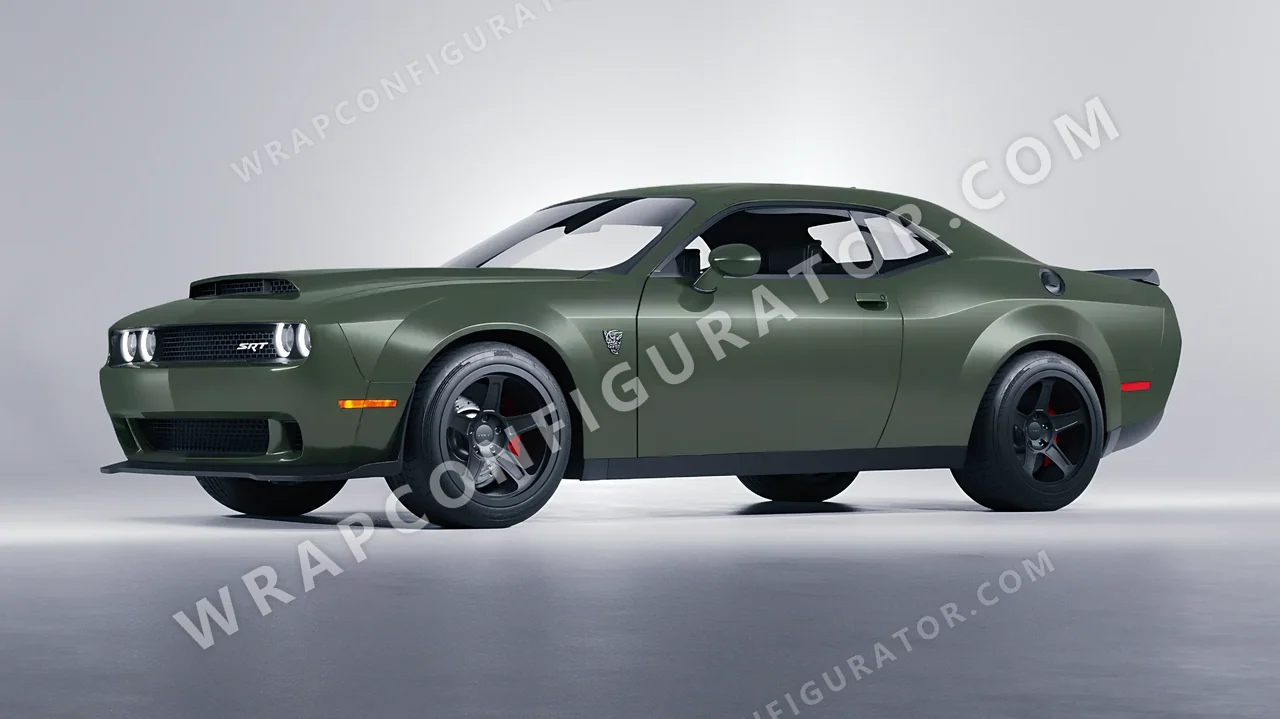 Green Dodge Challenger SRT 2023 wrapped in KPMF Matt Platinum Dark Sage K75560