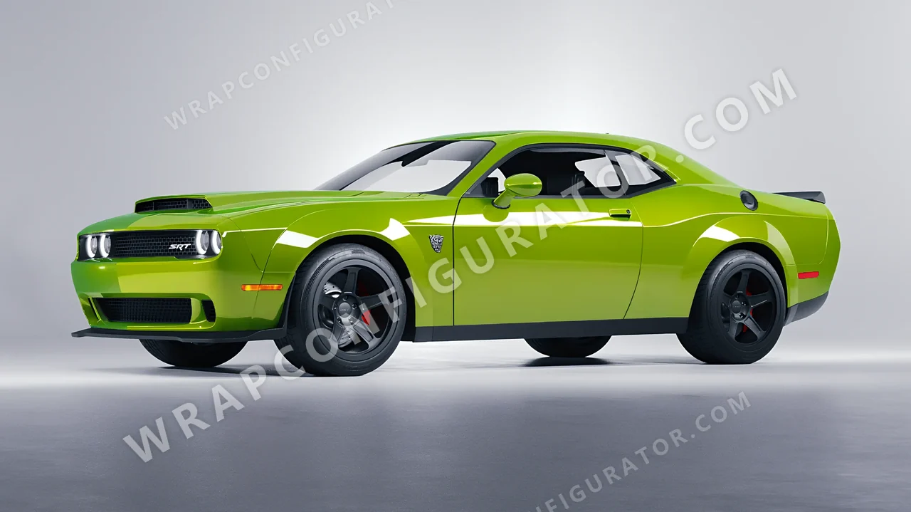 Green Dodge Challenger SRT 2023 wrapped in ORACAL Algae Green 970RA-688G