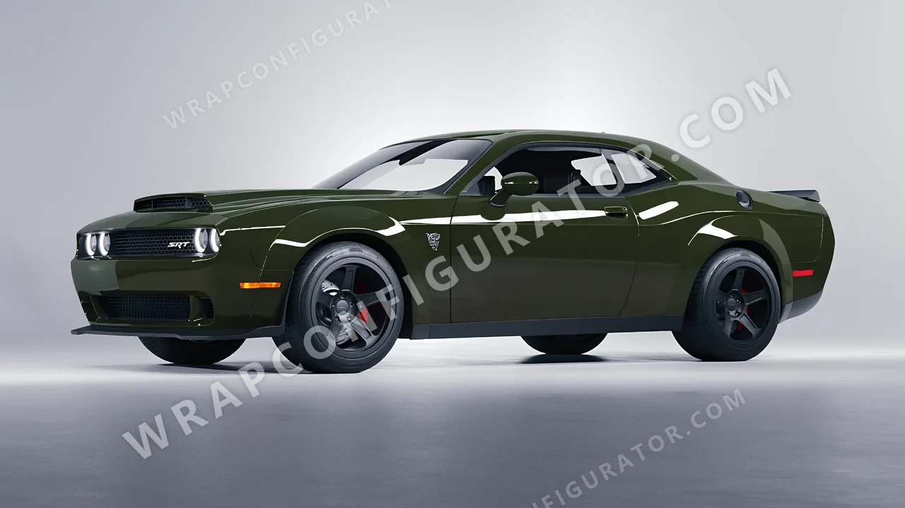 Green Dodge Challenger SRT 2023 wrapped in ORACAL Bottle Green 970RA-286G