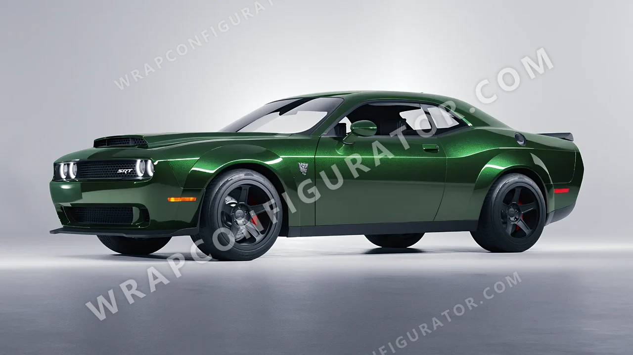 Green Dodge Challenger SRT 2023 wrapped in ORACAL Fir Green 970RA-677G
