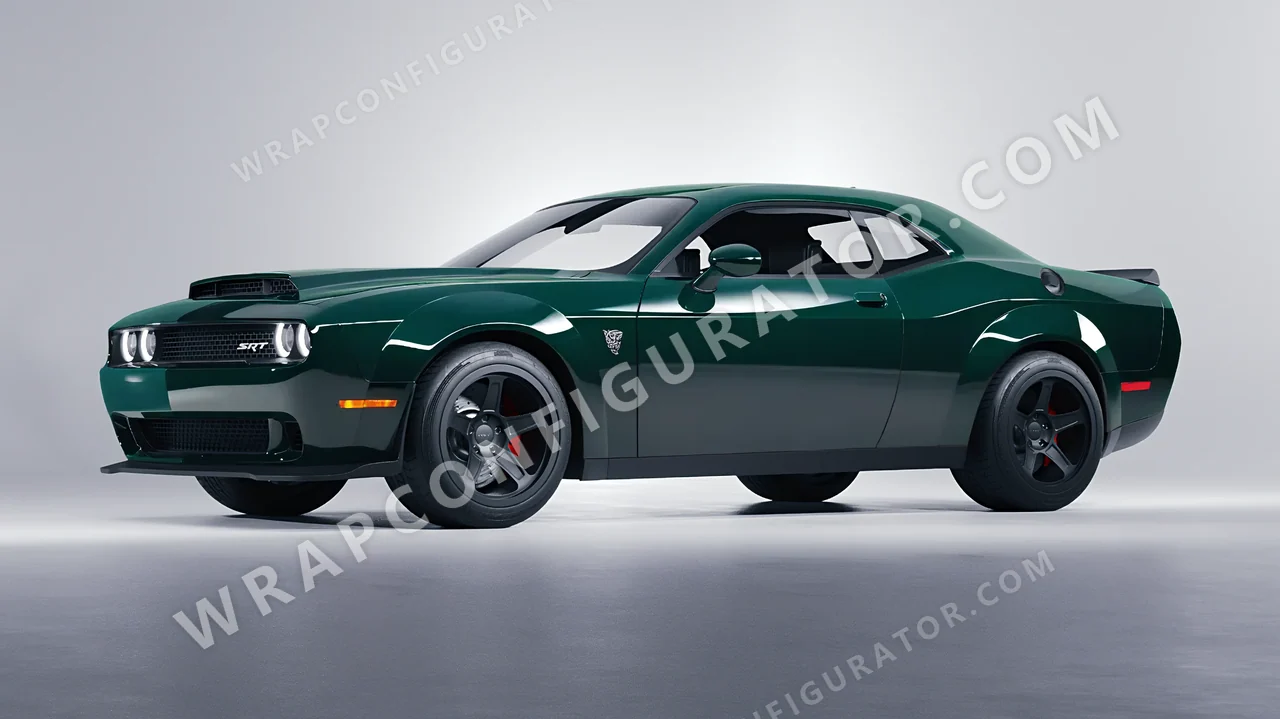 Green Dodge Challenger SRT 2023 wrapped in ORACAL Fir Tree Green 970RA-622G