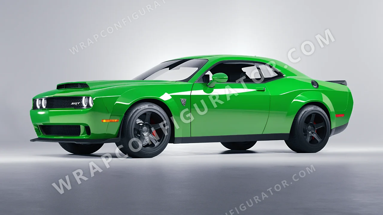 Green Dodge Challenger SRT 2023 wrapped in ORACAL Grass Green 970RA-602G