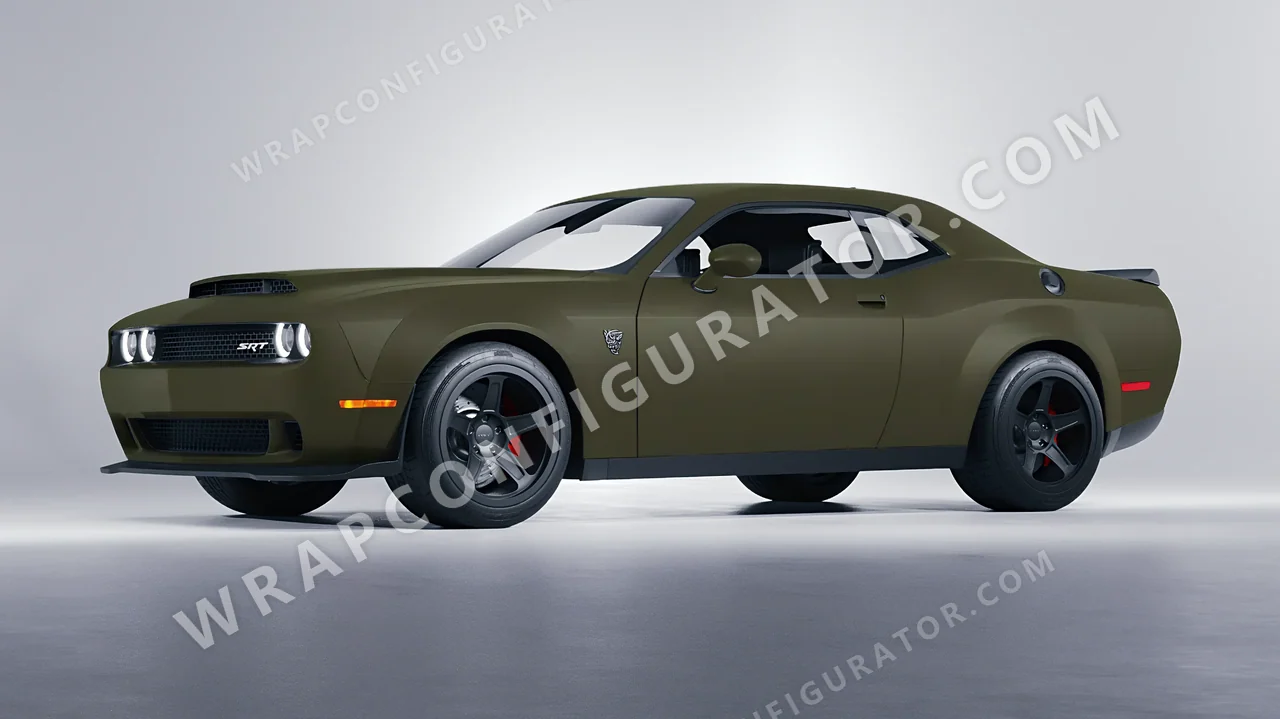 Green Dodge Challenger SRT 2023 wrapped in ORACAL Nato Olive 970RA-285M