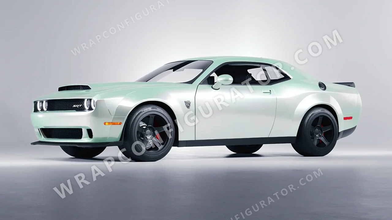 Green Dodge Challenger SRT 2023 wrapped in ORACAL Pearl Green 970RA-992G