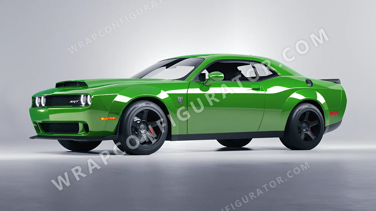 Green Dodge Challenger SRT 2023 wrapped in ORACAL Tree Green 970RA-486G
