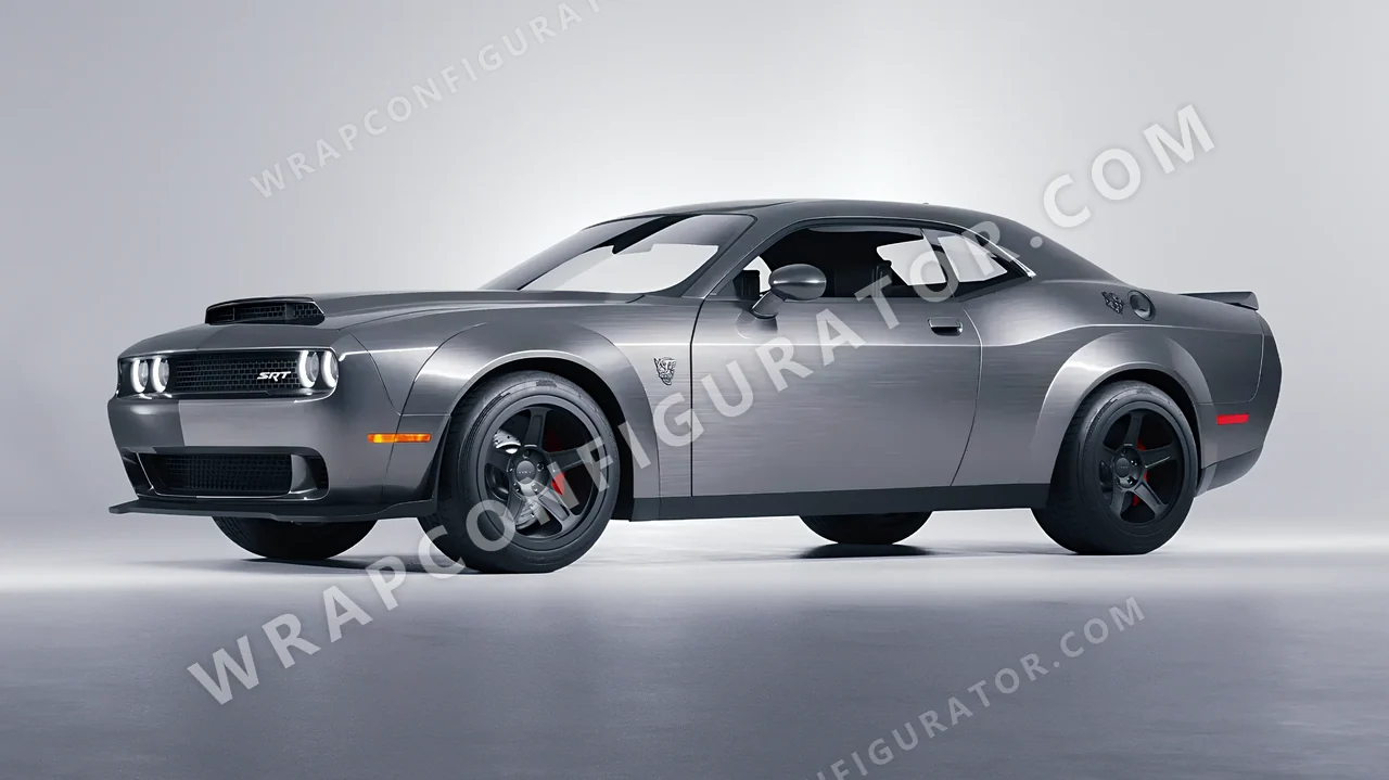 Grey Dodge Challenger SRT 2023 wrapped in 3M Brushed Steel BR201