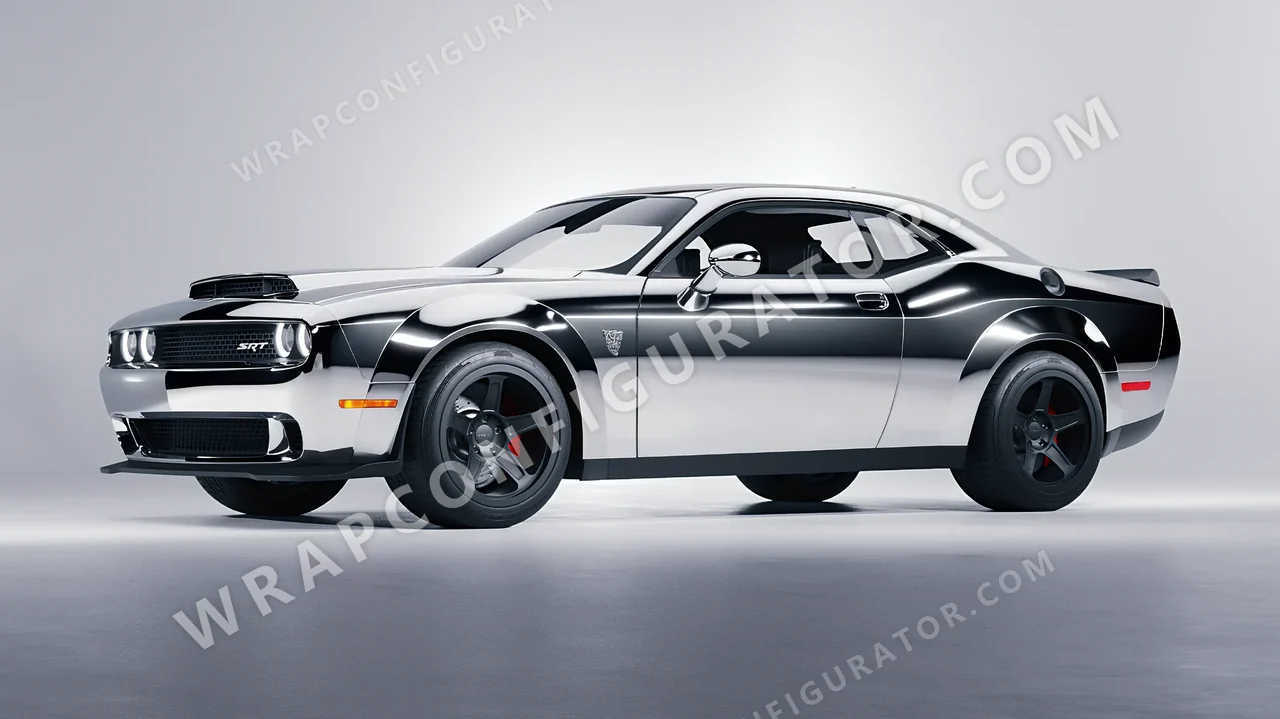 Grey Dodge Challenger SRT 2023 wrapped in 3M Gloss Silver Chrome GC451