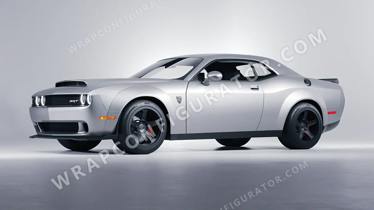 Grey Dodge Challenger SRT 2023 wrapped in 3M Matte Silver M21