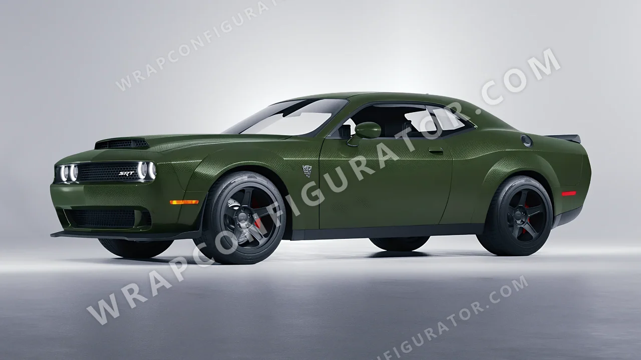 Grey Dodge Challenger SRT 2023 wrapped in 3M Shadow Military Green SB26