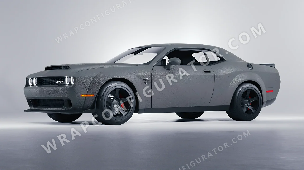 Grey Dodge Challenger SRT 2023 wrapped in Avery Dennison Rugged Bedrock Grey SW900-824-X