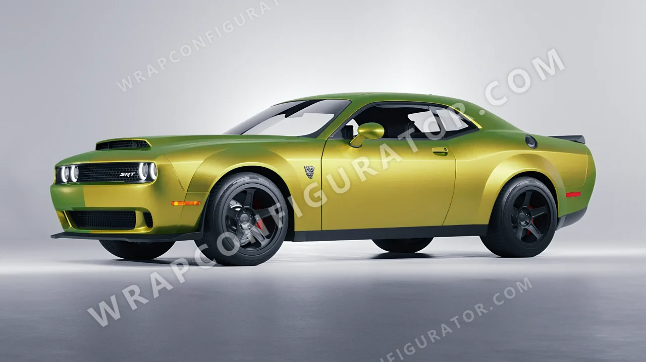 Grey Dodge Challenger SRT 2023 wrapped in KPMF Matt Iced Yellow Titanium K75534